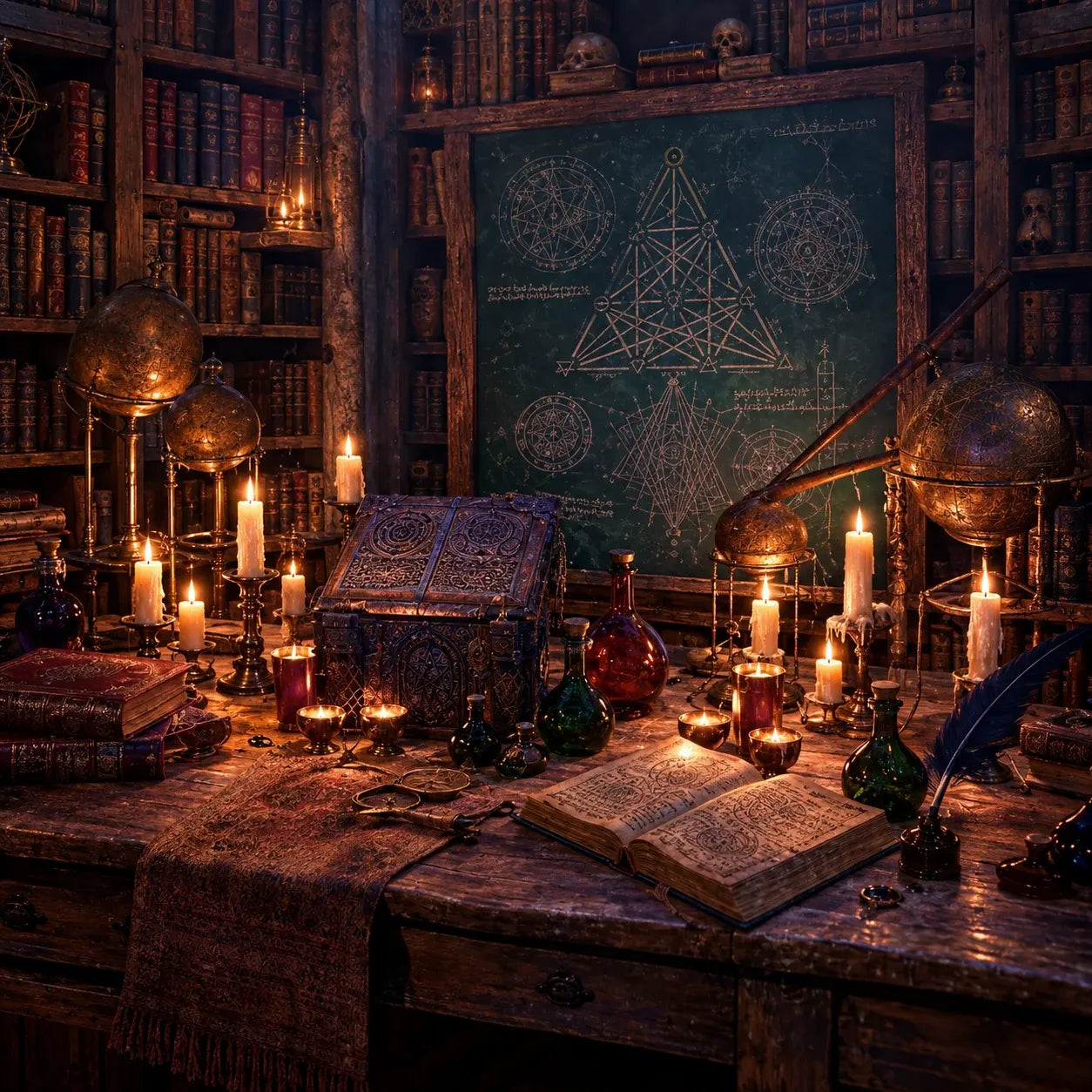 Dark fantasy alchemy study with books and chalkboard symbols